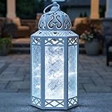 12” White Metal Moroccan Decorative Candle Lantern with LED Twinkle Fairy Lights & Remote – Wedding Table Centerpieces, Indoor Home Decor, Outdoor Patio & Porch, Large