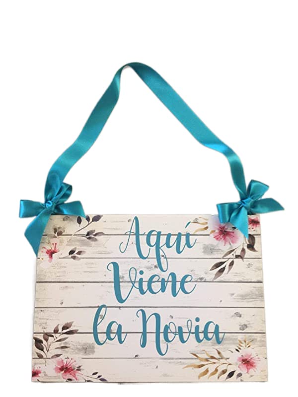 Cartel Aquí Viene la Novia para Bodas color turquesa con flores de almendro