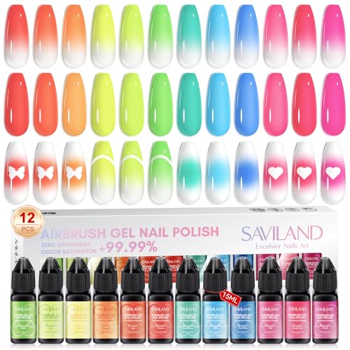 SAVILAND Airbrush Gel Nail Polish Hema-Free: Dilution-Free Colorful Airbrush Nail 12 Colors 15ml Non-Acetone for Nails French Manicure DIY Salon & Party & Bar Social Nail Art