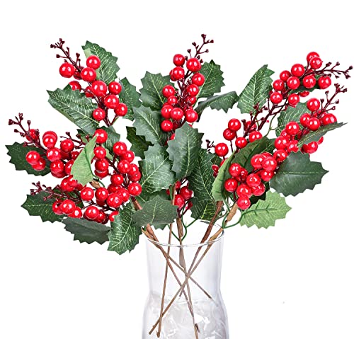 LSKYTOP Künstliche Beeren, Stängel mit grünen Blättern, Beerenstielen für Weihnachten/Winterblumen, Basteln, Urlaub, Heimdekoration, 8 Stück Cover