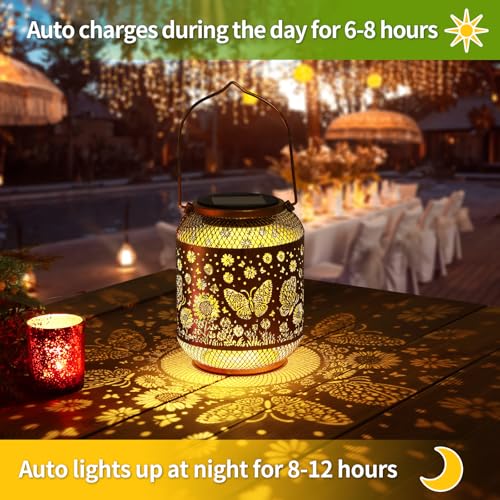 Image of 2 Pack Solar Lanterns Outdoor Waterproof Butterfly Garden Decor Birthday Gifts for Women Mom Grandma Hanging Solar Lights Metal Decoration Outside for Yard, Patio, Backyard, Porch, Pathway