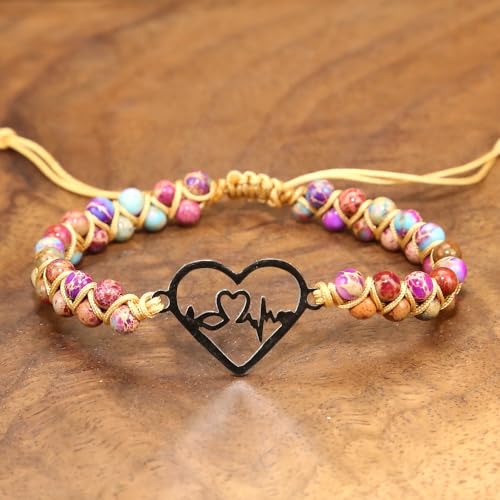 Image of Women Boho Wrap Bracelet,Handmade Natural Stone Crystal Emperor Beads Heart Bracelet, Fashion Bohemian Jewelry Gift for Women