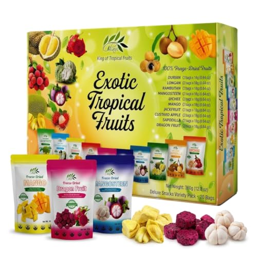 CHAVI Freeze Dried Exotic Tropical Fruits, Pack of 20 - Deluxe Variety Pack Gift Box, 10 Assorted Fruits, No Added Sugar, Bulk Family Snacks, 12.8 oz (360 g)