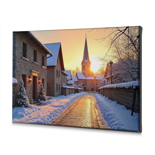 Toile salle de bain rue enneigée église 30x40 cm