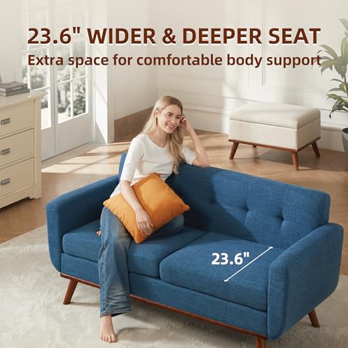 Image of Kingfun 65.2 inch W Loveseat Sofa, Mid Century Modern Decor Love Seat Couches for Living Room, Button Tufted Upholstered Furniture, Solid & Easy to Install Small Couch for Bedroom Office Apartment, Blue
