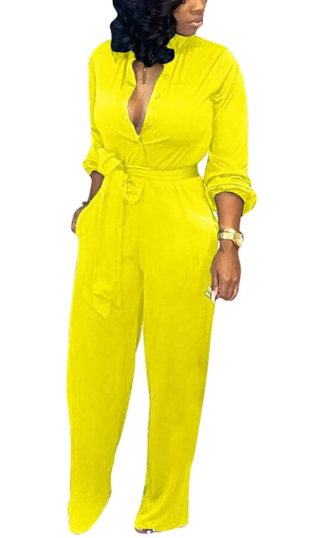 Aro LoraWomen's Deep V Neck Long Sleeve Button Down One Piece Wide Leg Jumpsuit Romper