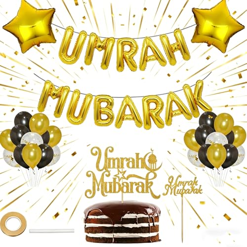 40Piece Set Umrah Mubarak Decoration Party Banner Black Gold Ramadan Decorations Party Star Balloon for Ramadan Decor Supplies Umrah Mubarak Balloons (Champagne Gold)
