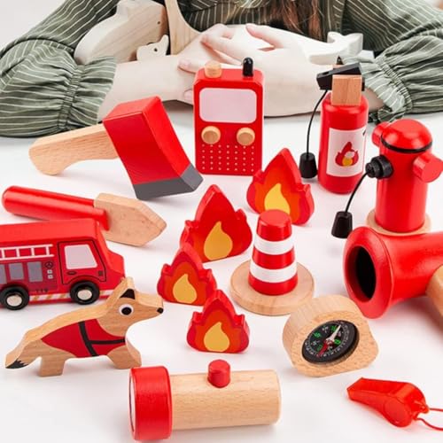 Image of WUDLY Wooden Fire Fighter Pretend Play Set, Educational Kids Toy with Fire Truck, Hydrant, Walkie Talkie, 14 Pieces, Red
