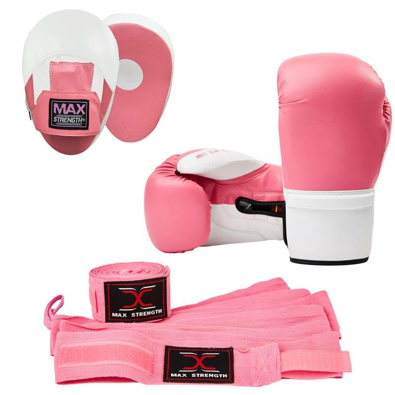 Max Strength Focus Pads Jab & Hook Boxing Sparring Punching Gloves MMA Mitts Set (Pink & White, 10oz)