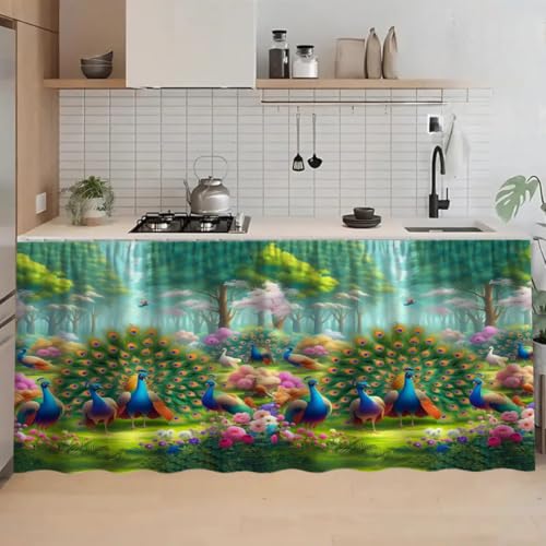 Image of Kitchen Curtains for Sink | Premium Printed Under-Sink Skirt for Kitchen Counter | Washable & Dustproof Rod Pocket Curtain | Home & Cooking Theme Decor (150cm x 70cm) (Forest)