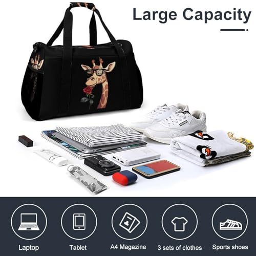 Animal Glasses Giraffe Flowers Roses Gym Bag Travel Duffle Bags Shoulder Carry On Weekender Bag Hangbag for Women Men4