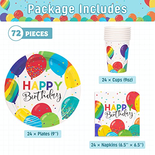 Decorlife Birthday Party Supplies Serves 24, Birthday Plates, Napkins, Paper Cups For Kids Adults Girls Boys, Rainbow Confetti Balloons Designs, Total 72Pcs #TOP1