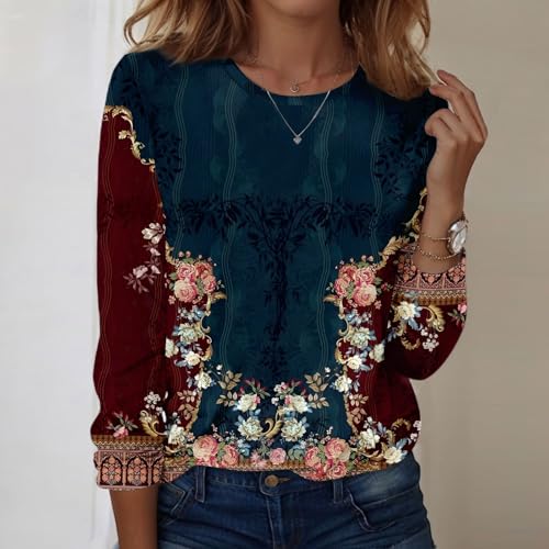 Long Sleeve Tees for Women Cotton Vintage Print Loose Pullover Tops Crew Neck Casual t Shirts Fall Fashion Outfits2