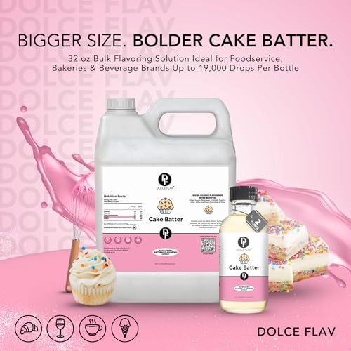 Image of Dolce Flav Cake Batter Flavoring - 32 Ounce Water-Soluble Kosher, Sugar-Free, Concentrated Cake Batter Flavor for Frosting, Cupcakes & Ice Cream