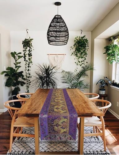 Image of Decorative Handmade Silk Table Runner Golen Brocade Dinning Table & Centre Table Top Decor Rectangular Runners Bed Runners Table Cloth for Wedding (152 X 40 CM ) (Purple)