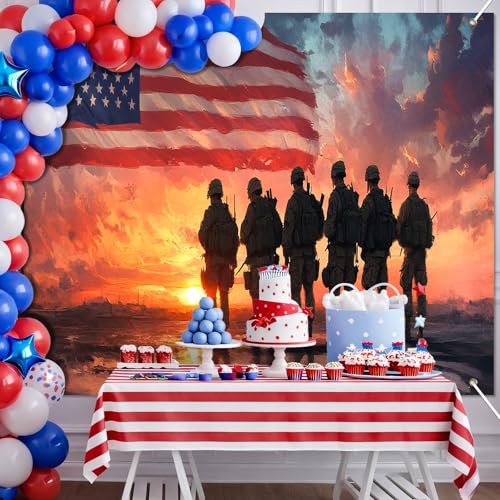 Image of Bliss Yard USA Patriotic Party Backdrop 8 x 6 Ft, American Flag Soldier Theme Banner, Independence Celebration Decor for Outdoor Yard Lawn Porch, Memorial Veterans Tribute Party Supplies