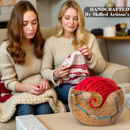 Image of Wooden Yarn Bowl for Crocheting, 7x4 inch Large Crochet Holder Gift Accessories and Knitting Gadgets Supplies Handcrafted with Mango wood Fractal Burning & Blue,White,Black Resin Inlay (M-Multi)