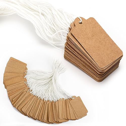 G2PLUS 500PCS Étiquettes de Prix Étiquettes de Marquage Étiquette Kraft 45 x 25mm avec Ficelle pour Produit de Vêtement de Bijoux-Marron