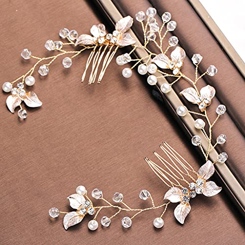 ERUYN Blad Bruids Bruiloft Haar Kam Zilver Parel Bruids Hoofdband Kristal Zijkam Haaraccessoires Geschikt voor Dames Meisjes Golden - Afbeelding 5