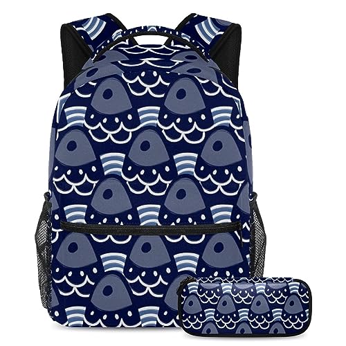 Sac à dos motif poisson japonais avec trousse assortie pour l'école et le voyage