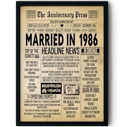 Stuff4 40th Anniversary Poster Framed - Married In 1986 Newspaper - 40 Wedding Anniversary for Men Women Retro Vintage Gifts Back In 1986 8x10 Inch Anniversaries Posters