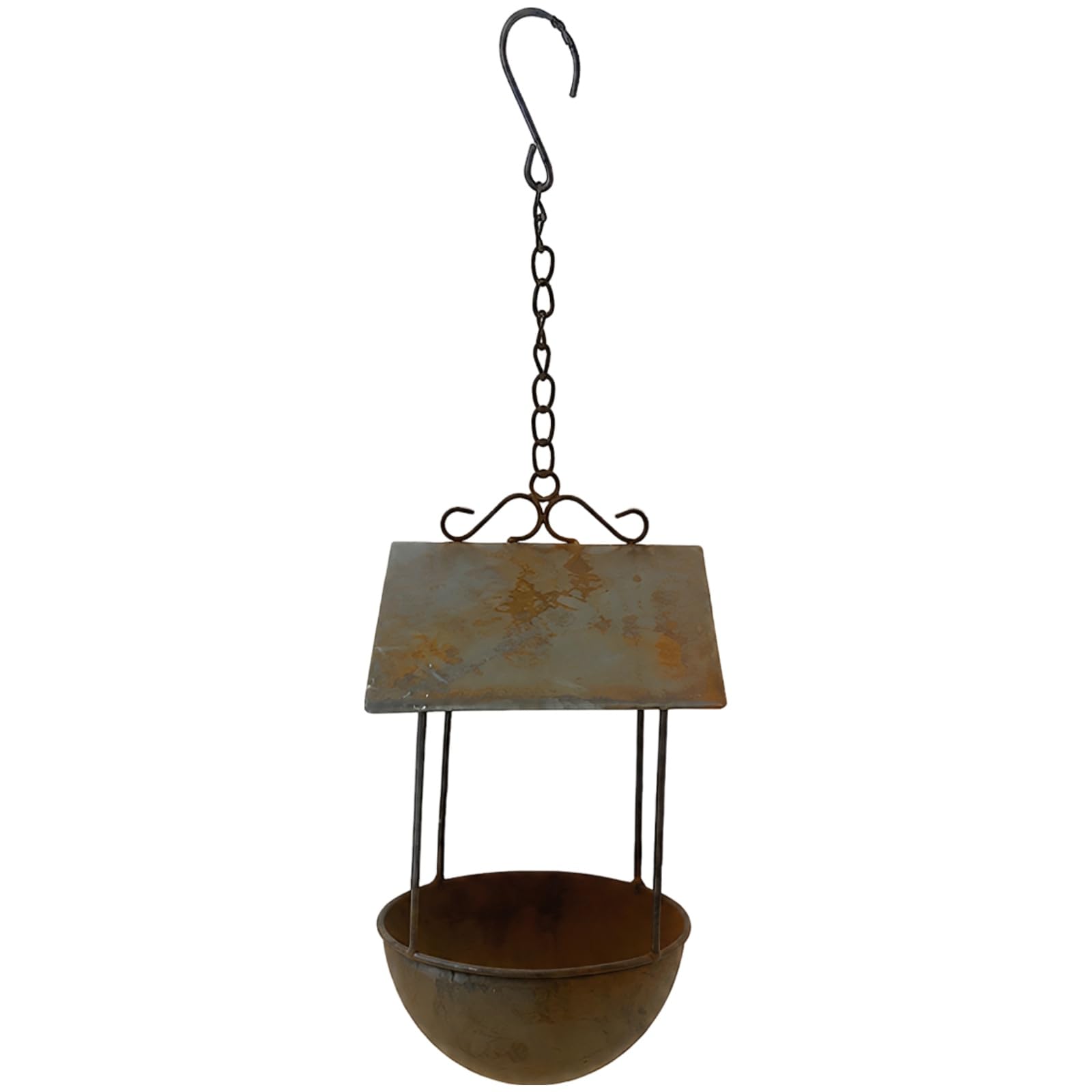 Hängender Vogelfutterspender, dekorative Metall Futterstelle zum Aufhängen mit Schale, rustikales Eisen Vogelhaus für Futter und Wasser, Gartenakzent für Hof, Terrasse und Garten, Rostoptik