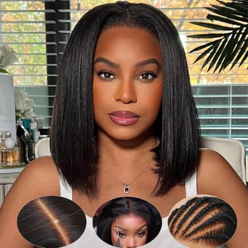 Image of KLAIYI Yaki Straight Bob Wigs Human Hair Bye Bye Knots Glueless Wig Pre Cut 7x5 Lace Front Wig Pre Beached Pre Plucked 3S Ready to Wear and Go Wig Light Yaki HD Transparent Lace Short Bob 150% 10Inch