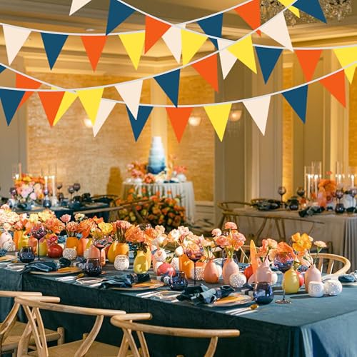 Image of 40Ft Retro Blue Orange Yellow Beige Fabric Bunting Banner Pennant Hanging Party Decorations Triangle Flag Garland for Boho Sunshine Theme Gender Reveal Birthday Here Comes the Son Baby Shower Decor