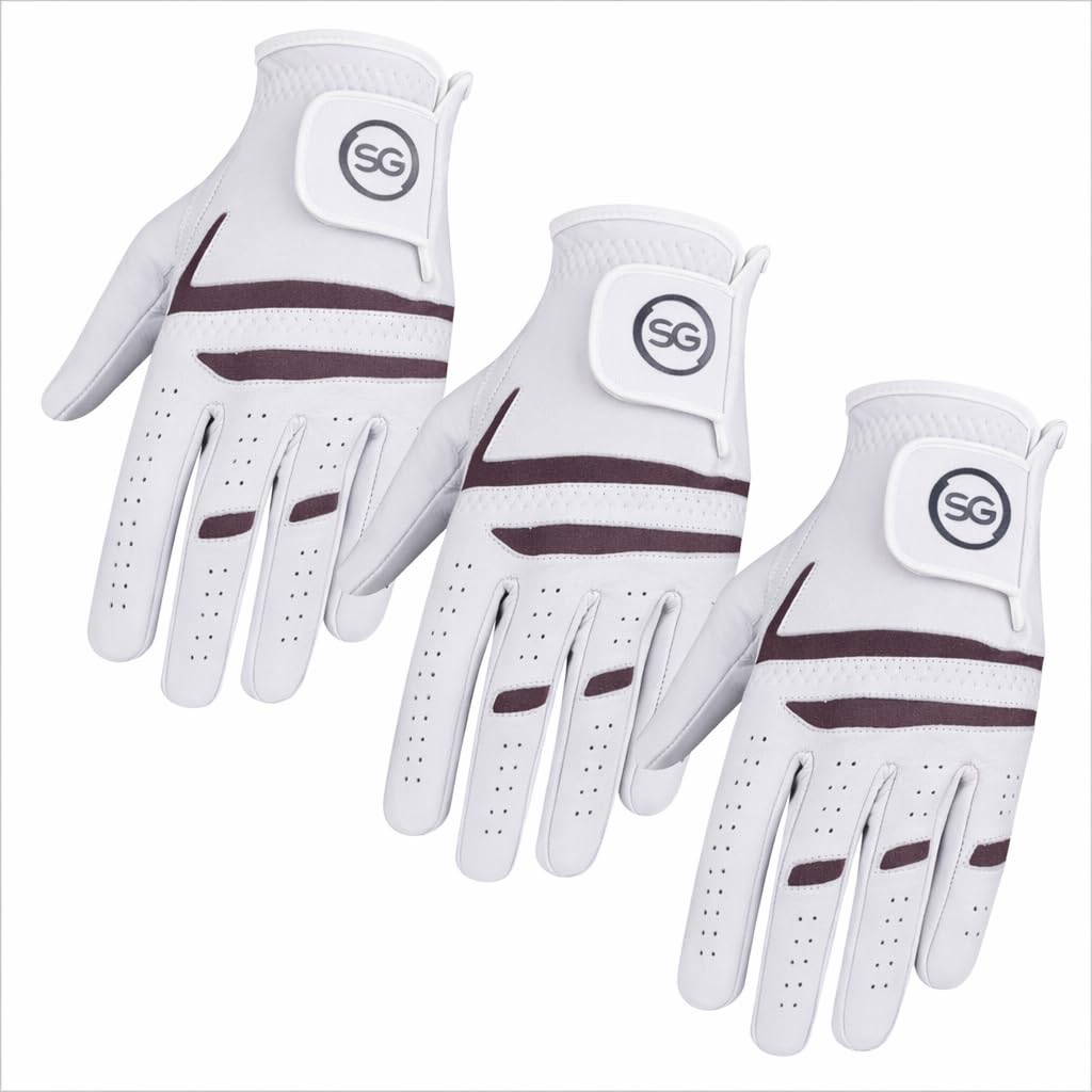 SAGE GEAR Men Premium Cabretta Leather Golf Gloves for All Weather Conditions - For Both Left and Right Handed Golfers - Multiple Qty Packs (M-L, Pack of 3 Gloves) worn on Left Hand