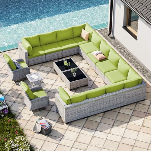 Image of 17-Piece Patio Furniture Set, Outdoor Patio Furniture with Swivel Chairs Set, Thick Cushions, Modular Patio Sofa, Dual-Strand Rattan, Rust-Resistant Frame, Grass Green