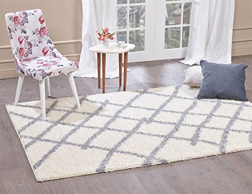 A2Z Rug| Alfombra de Pelo Largo Estampada en Crema y Vivere Gris| con Diseño de Lineas Rombos Estilo Berbere Duradera|para Habitación Interiores Sala de Estar|tamaño:140x200 cm