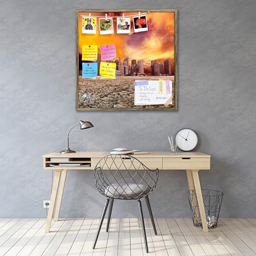 Image of ArtzFolio City Overlooking Desolate Desert | Bulletin Board Notice Pin Board | Vision Soft Board Combo with Thumb Push Pins & Sticky Notes | Antique Golden Frame | 24 x 24 inch (61 x 61 cms)