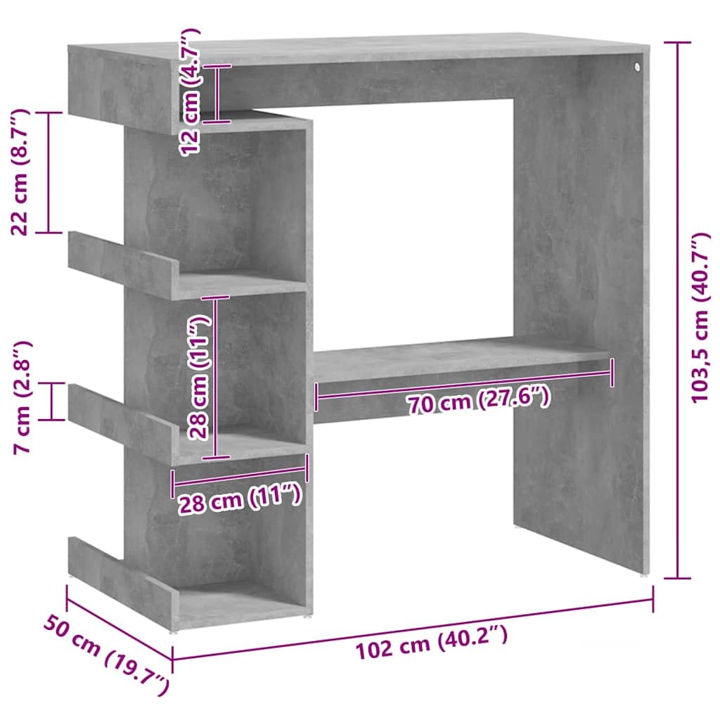 vidaXL Tavolo Bar con Ripiani Grigio Cemento 100x50x101,5cm Truciolato