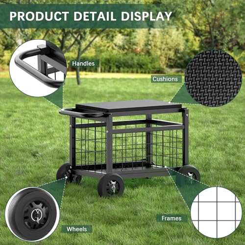Image of Garden Cart with Seat,3-in-1 Rolling Seat with Wheels for Gardening Seniors | Upgraded Heavy Duty Gardenning Cart with Seat, Supports up to 500 LBS for Seniors, Lawn, Patio & Backyard Gardening, Black