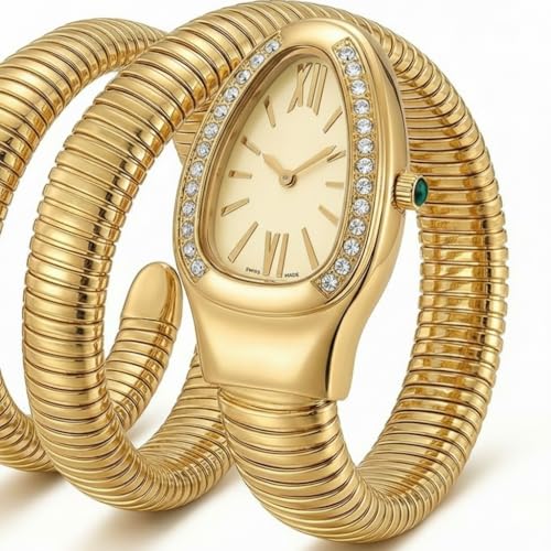 Image of Serpentine Snake Watch for Woman with Spiral Bracelet, Green Dial Watch for Woman with Quartz, Stylish Analog Waterproof Serpenti Watches Women