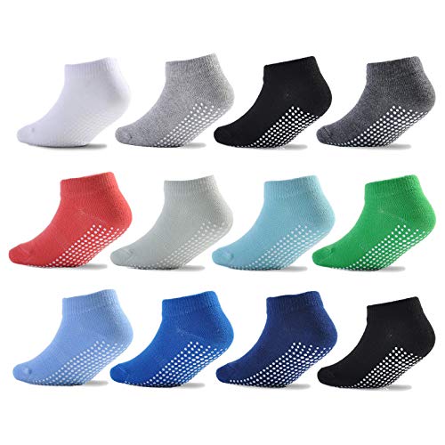 Epeius Baby Socks Low Cut Non-Slip Socks for Newborn Boys Ankle Socks with Grips Value Pack 12 Pairs,Black/Grey/White/Red/Green/Navy/Blue,0-6 Months