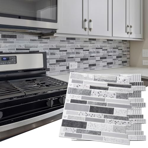 Art3d 10-Sheet Peel and Stick Vinyl Backsplash Wall Tile, 12 x 12 Inch Self Adhesive Stick on Kitchen Backsplash, Gray