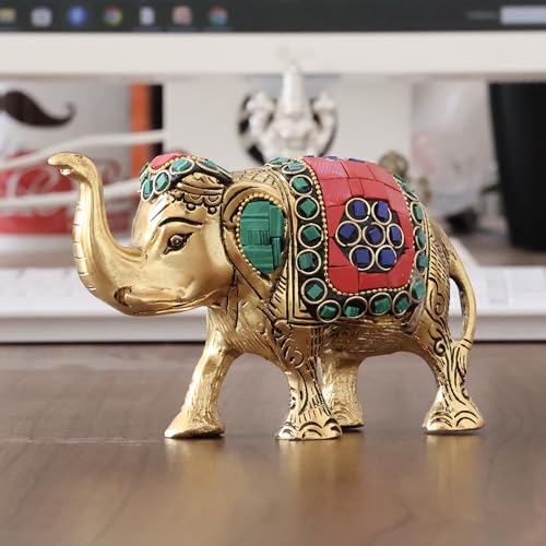 Image of KridayKraft Metal Elephant Statue Medium Size with Stone Work 2 pcs Set for Showpiece Enhance Your Home,Office & Table Decorative,Animal Showpiece Figurines,Gift Article..., Multicolor