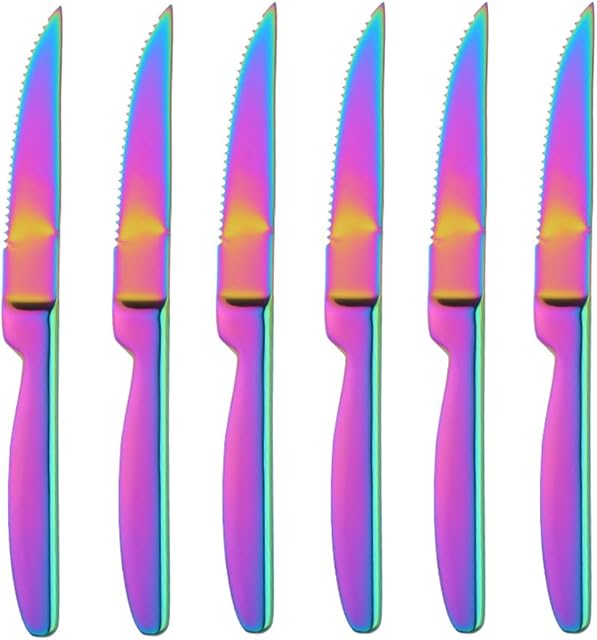 Bisda Rainbow Coloured Steak Knives Set of 6, Stainless Steel Serrated Steak Knife Iridescent Cutlery Meat Knives, 22cm(8.65 inch) Length Dishwasher Safe