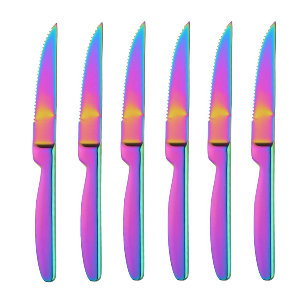 Steakmesser Set mit scharfem Wellenschliff Edelstahl 6-teilig Tafelmesser Regenbogen Fleischmesser Steak Knives Set Länge 22 CM/8,66 Inch