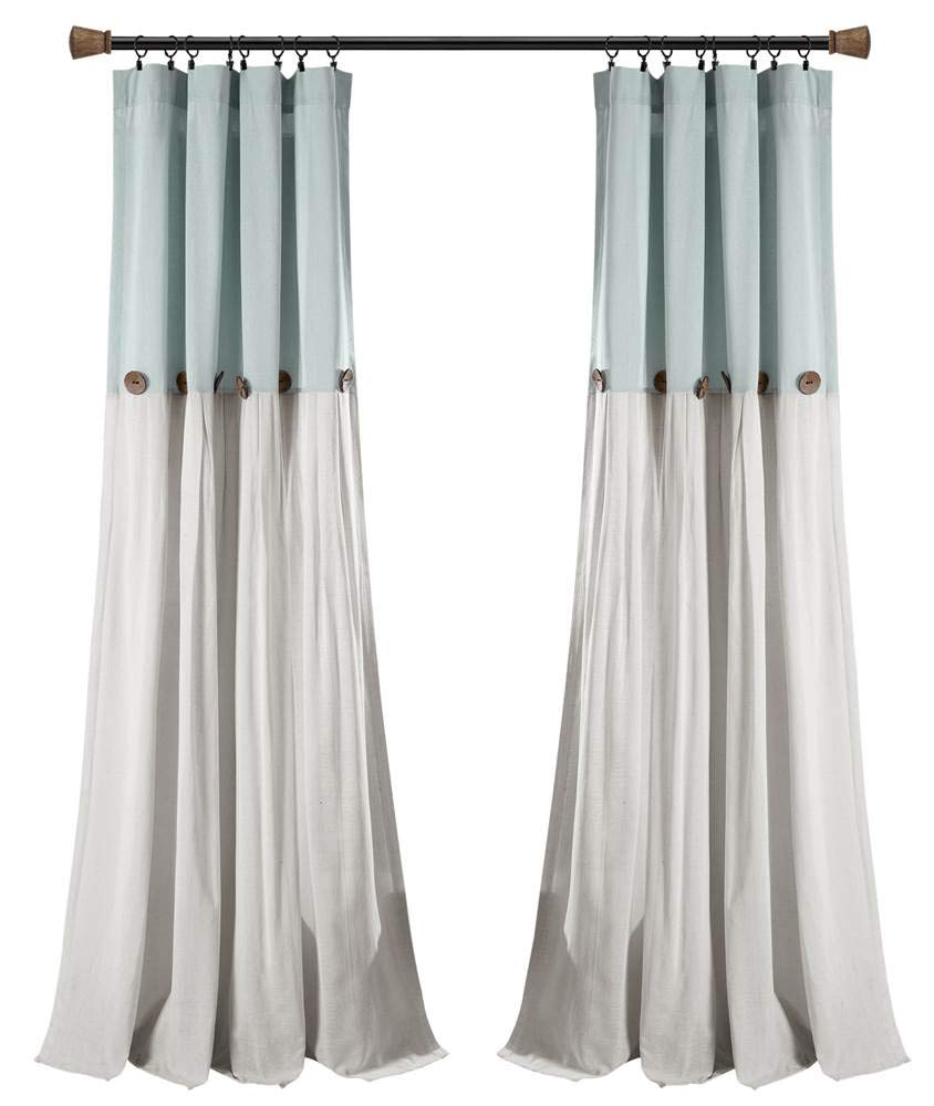 Lush Decor Linen Button Farmhouse Curtains, Single Panel, Pleated Two Tone Design 40"W x 95"L, Blue/White