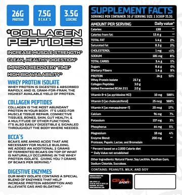 Miniatura 3 de 100% aislado de proteína de suero de leche más colágeno + BCAA - Galletas y crema. Batido deliciosamente cremoso. Enzimas digestivas añadidas para