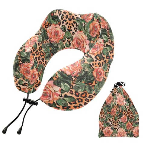 Image of ALAZA Leopard Spots Roses Travel Neck Pillow Memory Foam Neck Pillow with Storage Bag,Soft Travel Pillow for Sleeping Travel Airplane Car Office Home