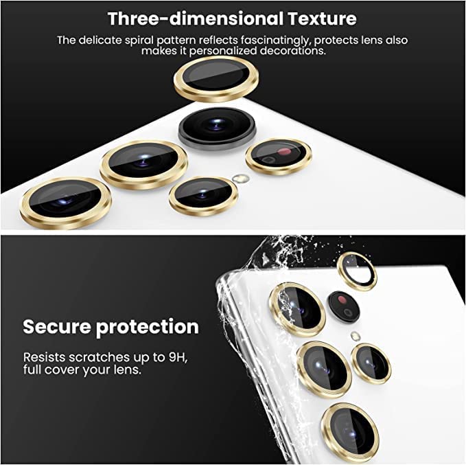 Image of Camera Lens Protector Ring Compatible with Samsung Galaxy S23 Ultra | Tempered Glass + Aluminum Alloy Ring | Full Coverage Lens Guard | Scratch Proof | HD Clear | Case Friendly | Gold