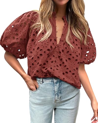 BTFBM Womens Casual Summer Blouse 2025 Hollow Out Eyelet Embroidery Tops V Neck Buttons Puff Short Sleeve Boho Shirts