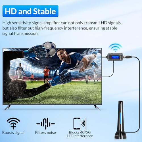 Image of TV Antenna Amplifier, 25dBi High Gain TV Antenna Booster Signal Amplifier for Digital HD & 4K Reception, HDTV Antenna Signal Booster for Weak Signals, Low Noise, Adjustable Gain & Timer (Black-1)