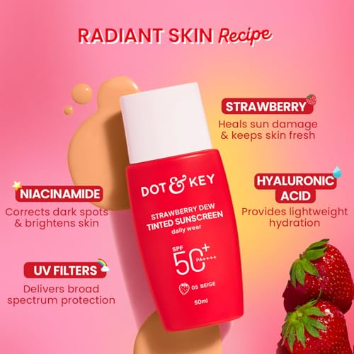 Image of Dot & Key Strawberry Dew Tinted Sunscreen In-Vivo Tested SPF 50+ PA++++ With New-Age UV Filters, Brightens & Protects Skin, Ultra-light, Blends Easily, With Niacinamide, Natural Finish, Non-Sticky | 50ml