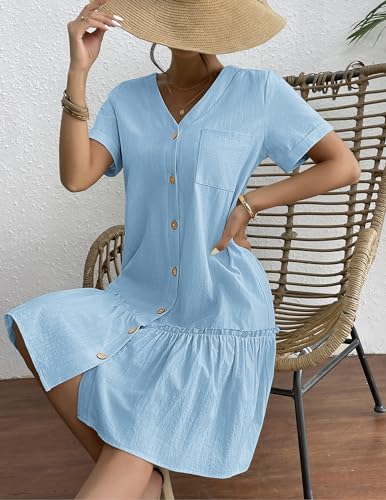 Image of HOTOUCH Women Button Down Dress Loose Summer Cotton Linen Dress Ruffle Hem Casual Dress Short Sleeve Tunic Dress
