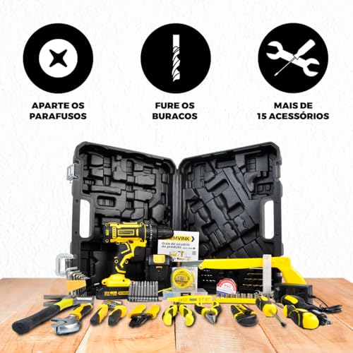 Kit Oficina Completo Parafusadeira e Furadeira 21V, Martelo, Serrote e Ferramentas Profissionais, ma