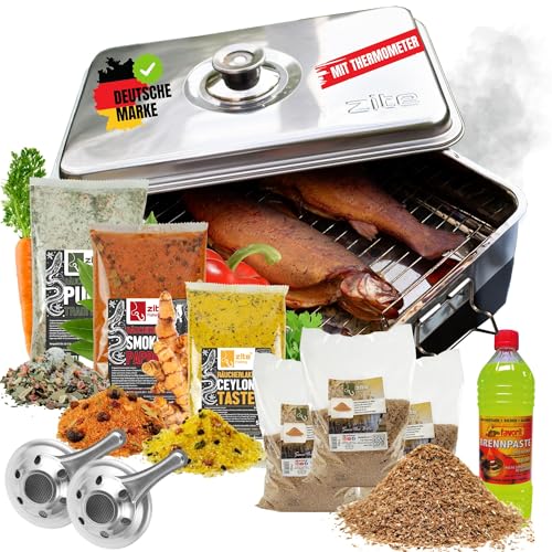 Zite Räucherofen Edelstahl XXL Set mit Zubehör [Tischräucherofen mit Thermometer & Brennpaste] Sofort Einsatzbereit | Fisch-Räucherofen I auch für Fleisch etc. | Räuchermehl & Verschiedene Räucherlake